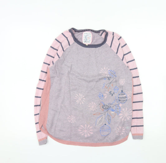 Additional front view of Mantaray women’s purple pink striped jumper, size UK 10, embroidered bird design
