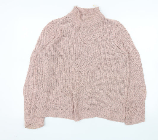 Additional front view of Object Women's Pink Chunky Knit Roll Neck Jumper, size M