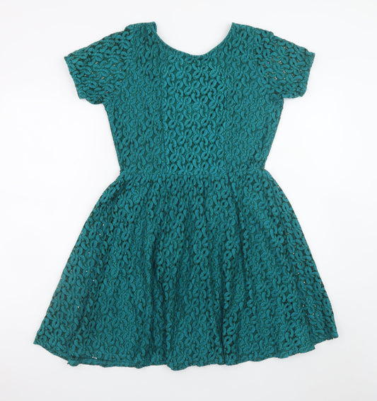 Additional front view of ASOS Women’s Green Lace Skater Dress, size UK 12, Short Sleeve Party Style