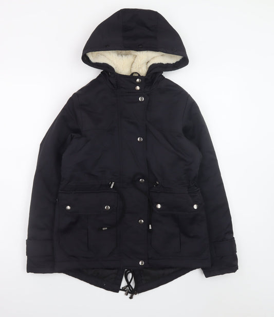ASOS Women Black Parka Jacket Hooded Lined UK 4 Mid-Length Winter Coat