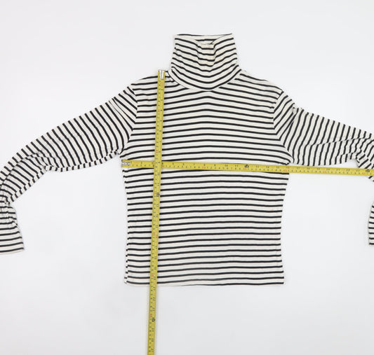 ZARA Women White Black Striped Roll Neck Long Sleeve Cotton Top L