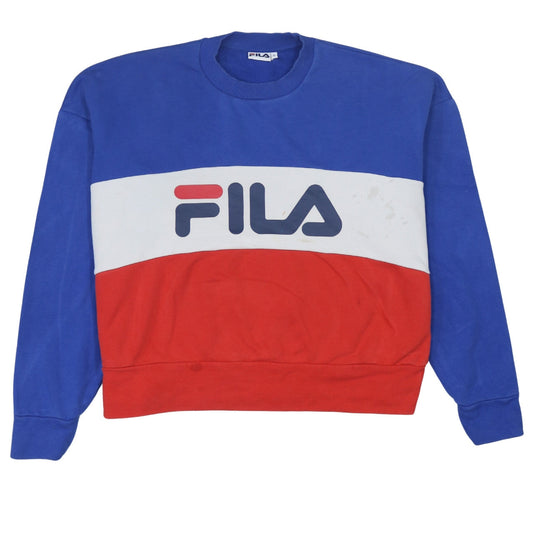 Additional front view of Fila women’s blue red colourblock crew neck sweatshirt, size S