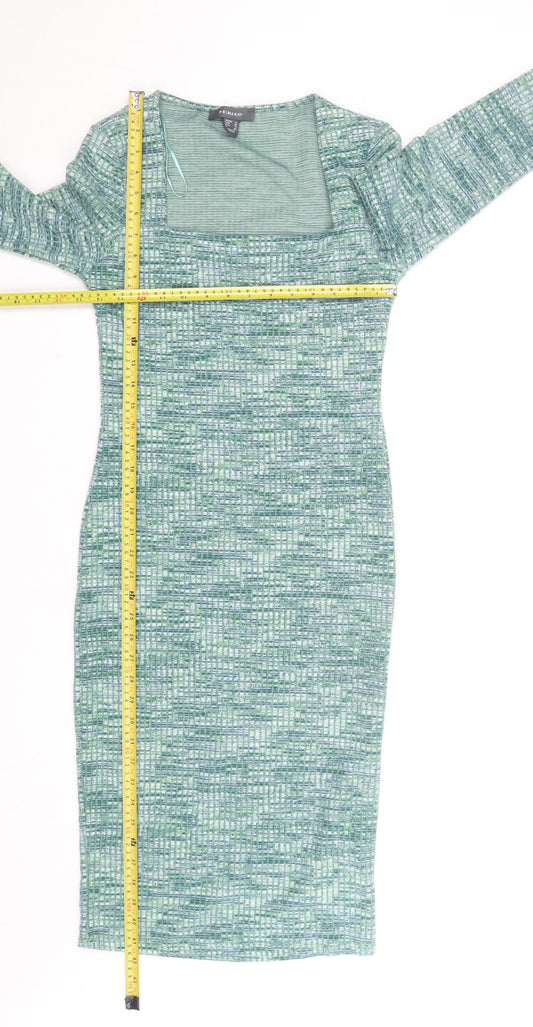 Primark Women’s Green Bodycon Knit Dress Size 8 Long Sleeve Square Neck