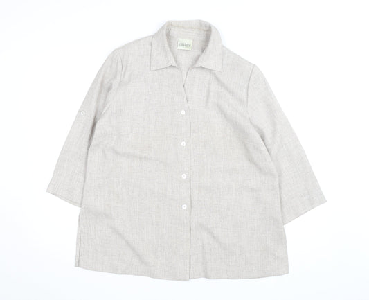 Eastex Women Beige 3/4 Sleeve Collared Button-Up Shirt Size 14