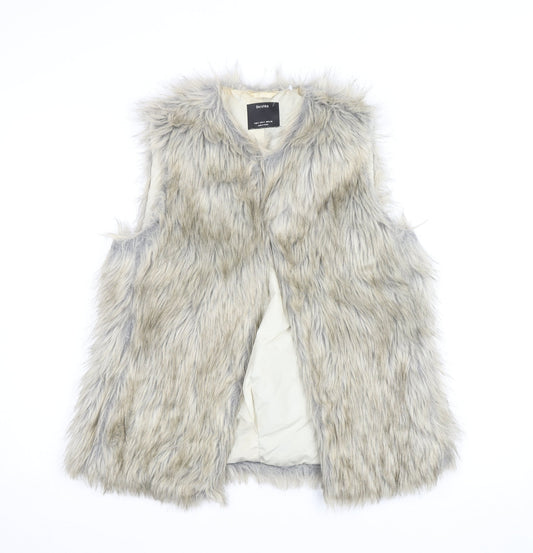 Bershka Women's Grey Faux Fur Waistcoat Size S Midi Lined Open
