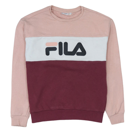 Additional front view of Fila Women’s Pink Colourblock Logo Sweatshirt, size S, Casual Crew Neck