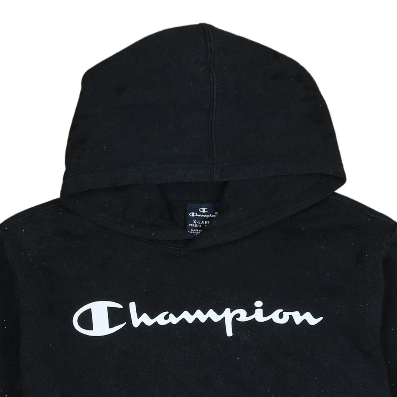 Brand and care label for Champion boys’ black pullover hoodie 13-14 years regular fit fleece