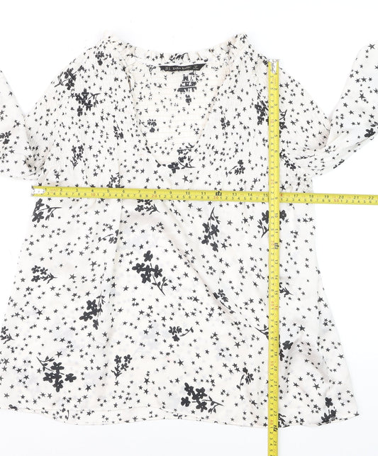 Zara Women White Floral Star Tunic Blouse Size 12 Long Sleeve