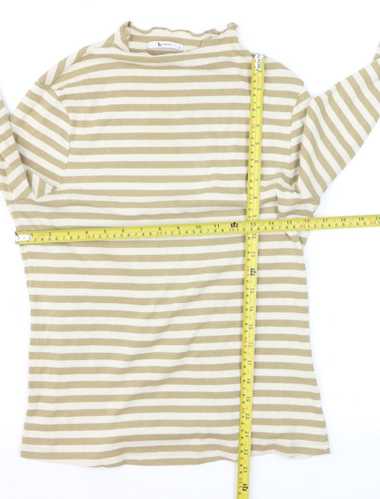 Tu Women Beige Striped Long Sleeve Mock Neck Cotton T-Shirt Size 14