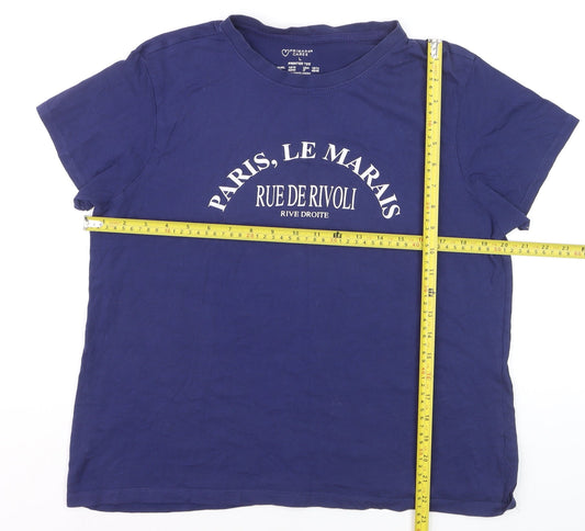 Primark Women Blue Paris Printed T-Shirt Size L Short Sleeve