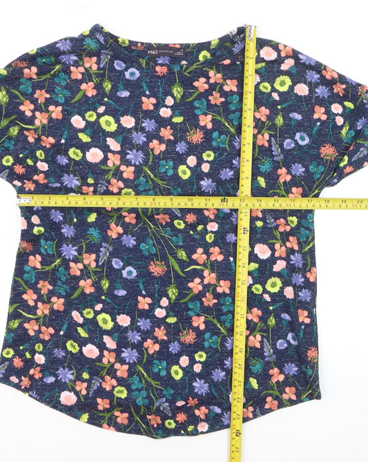 Marks and Spencer Women Blue Floral 3/4 Sleeve Linen Blend T-Shirt Size 10