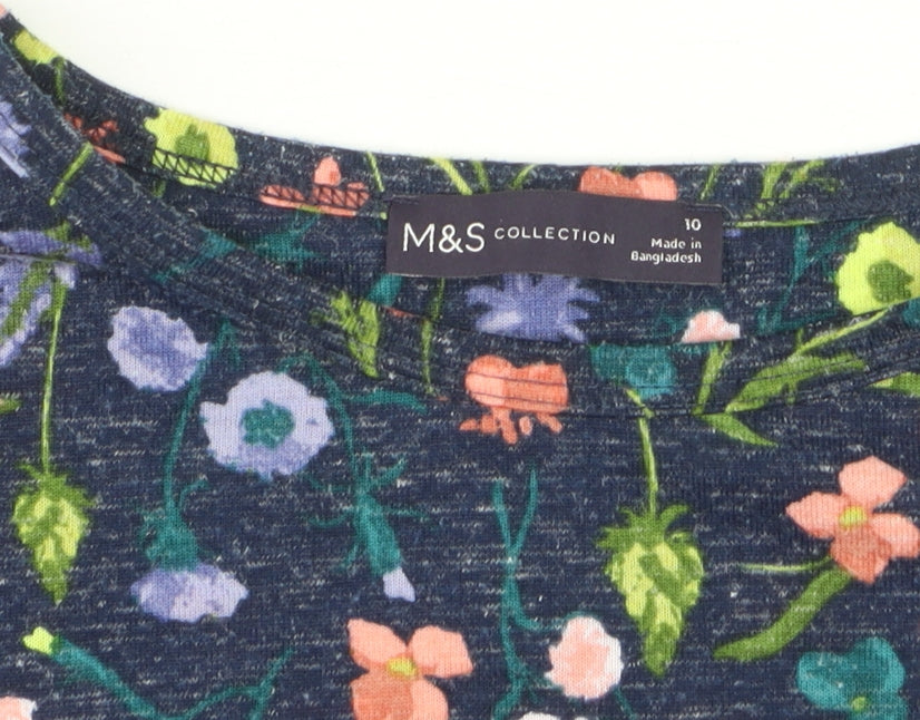 Marks and Spencer Women Blue Floral 3/4 Sleeve Linen Blend T-Shirt Size 10