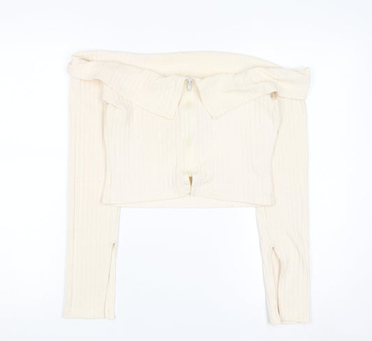 PRETTYLITTLETHING Women’s Ivory Off Shoulder Zip Rib Knit Jumper Size 10