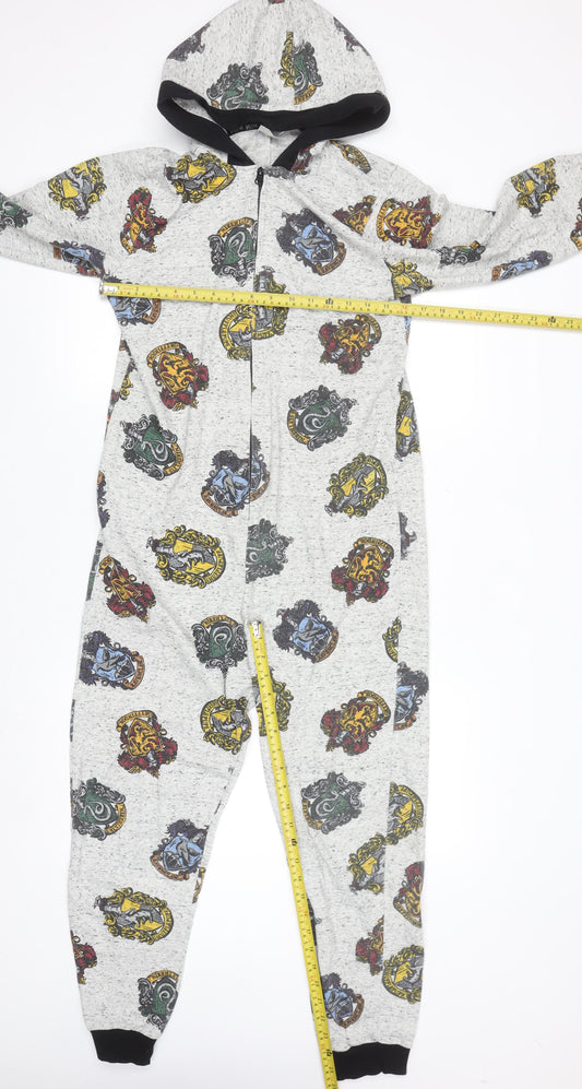 Harry Potter Boys Grey Hooded One Piece Pyjamas Size 11-12 Years Hogwarts Print