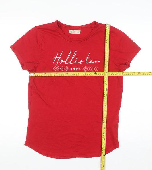 Hollister Women Red Embroidered Logo T-Shirt Size L Casual Cotton Blend