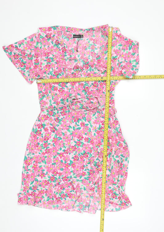 Boohoo Women’s Pink Floral Wrap Short Dress Size 10