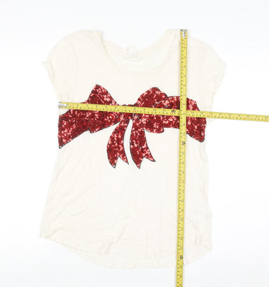 H&M Women’s Ivory Sequin Bow Short Sleeve T-Shirt Size 12