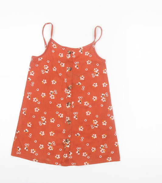 Primark Girls Orange Floral Button Pinafore Dress 5-6 Years