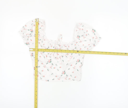 SHEIN Women’s White Floral Cropped Puff Sleeve Blouse S