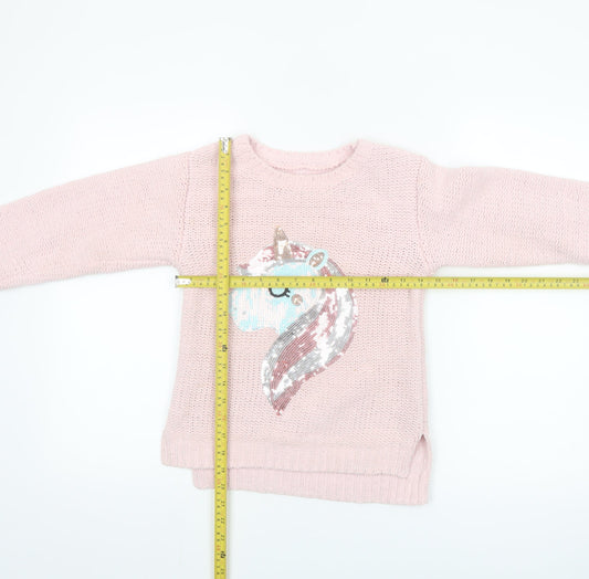St Bernard for Dunnes Stores Girls Pink Sequin Unicorn Pullover Jumper Age 10