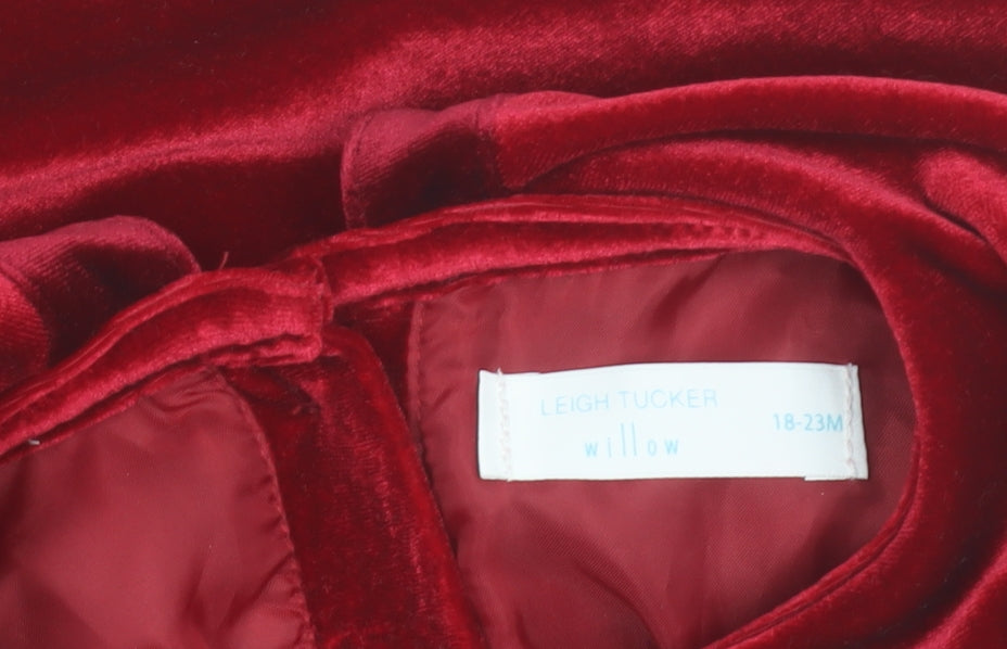 Additional view of Leigh Tucker Willow girls’ red velvet bow dress 18-24 months party wear