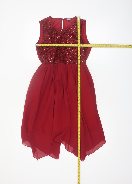 SHEIN Girls Red Sequin Chiffon Party Hi-Low Dress 11 Years