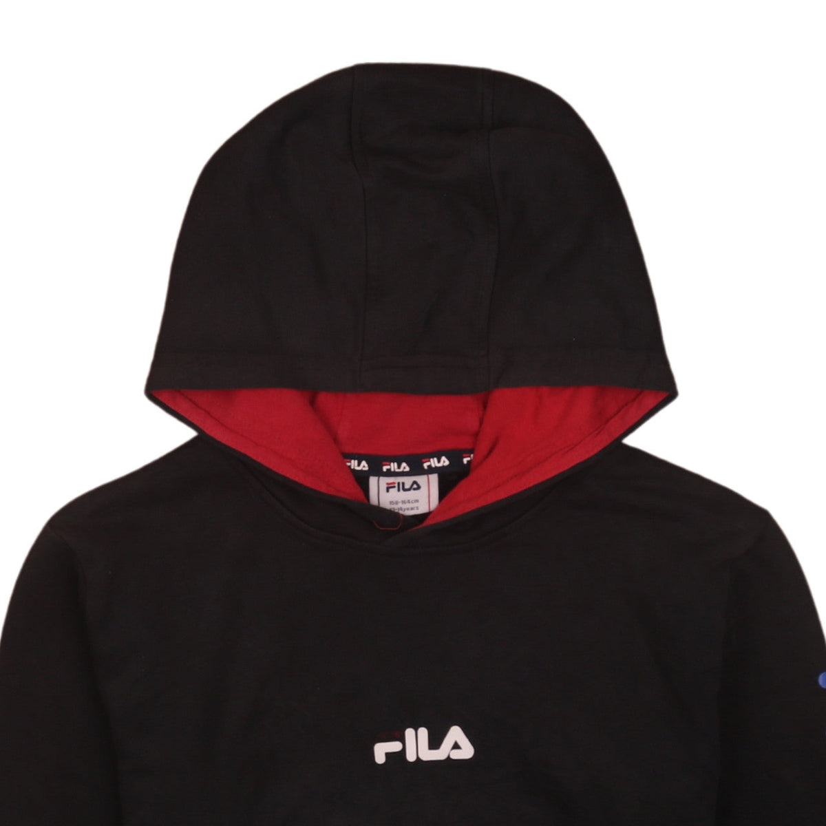 Brand and care label for Fila boys’ black pullover hoodie 13-14 years logo print cotton blend