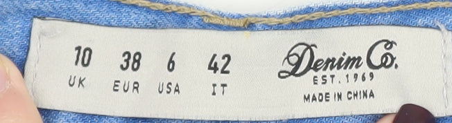 Brand and care label for Denim Co. women’s blue, size UK 10, cut-off distressed denim shorts