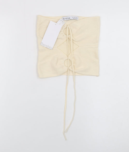 Bershka Women Beige Cropped Strapless Ribbed Tank Top Size S