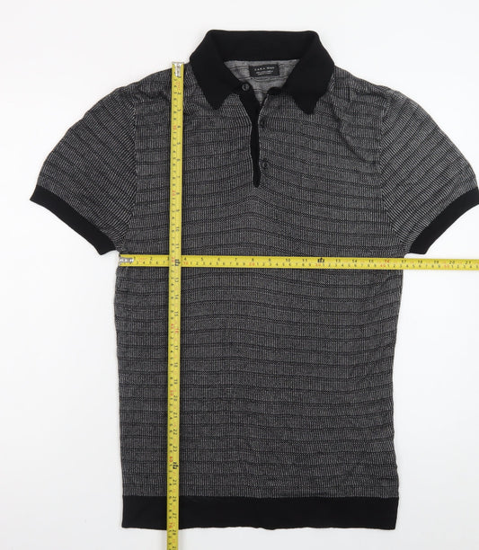 Zara Man Black Geometric Knit Polo Shirt Men's Size L