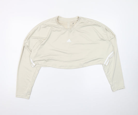 Additional front view of Adidas Women Beige Cropped Long Sleeve Sports T-Shirt, size S