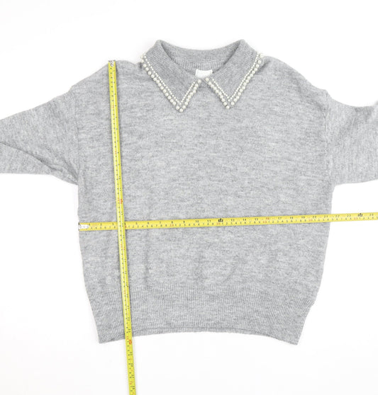 H&M Women Grey Beaded Collar Knit Pullover Jumper Size L