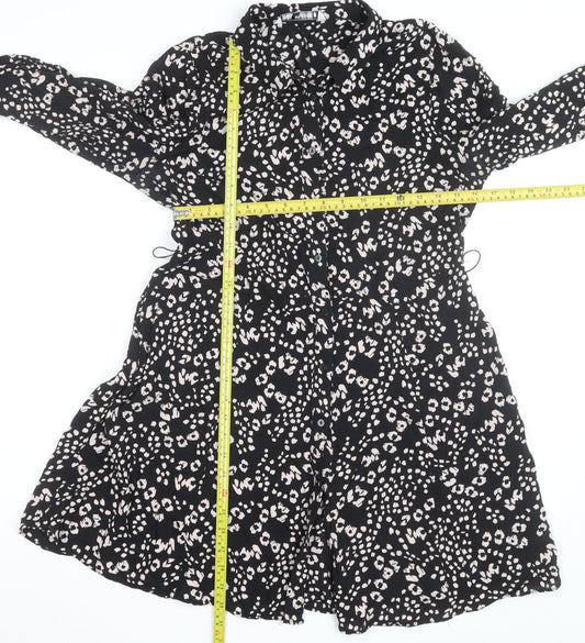 ZARA Women Black Animal Print Long Sleeve Shirt Dress Size 16