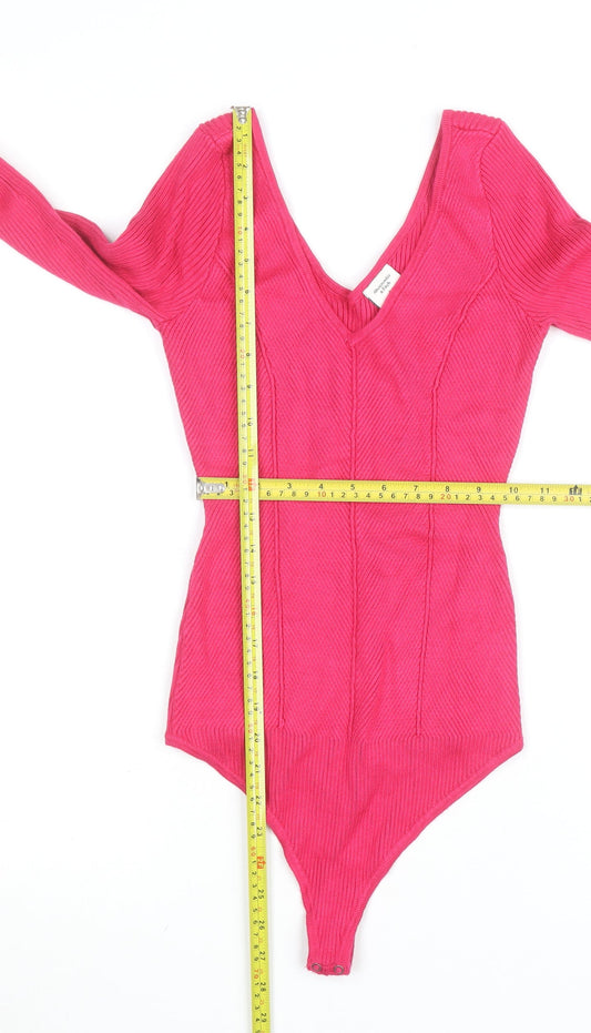 Abercrombie & Fitch Women’s Pink Ribbed V-Neck Long Sleeve Bodysuit Size S