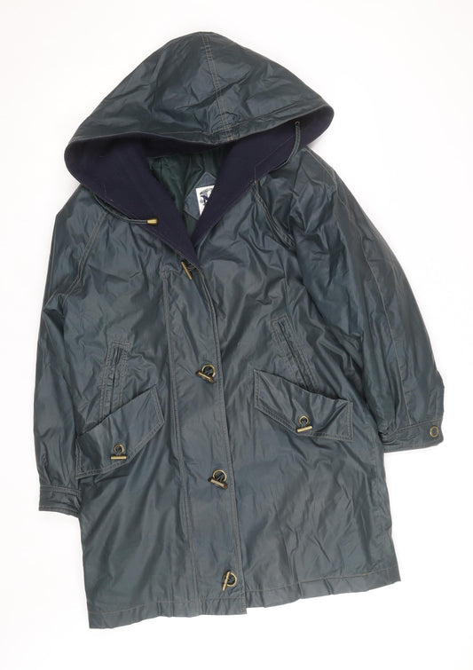 Additional front view of Nuage Women's Green Hooded Long Rain Coat, size 12, Waterproof Toggle Style