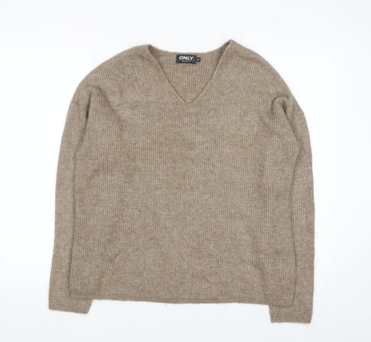 ONLY Womens Beige V-Neck Ribbed Knit Long Sleeve Pullover Jumper XL
