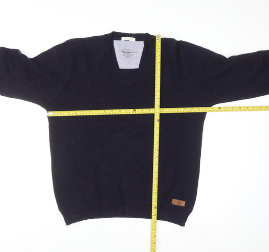 Pepe Jeans Men's Blue Wool Cotton V-Neck Jumper Size L