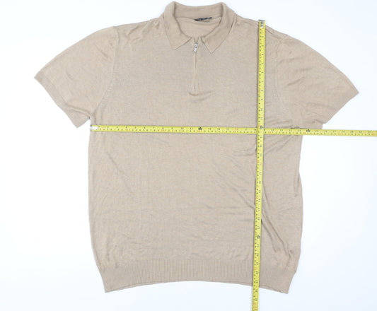 boohooMAN Men's Beige 3XL Collared 1/4 Zip Short Sleeve Jumper