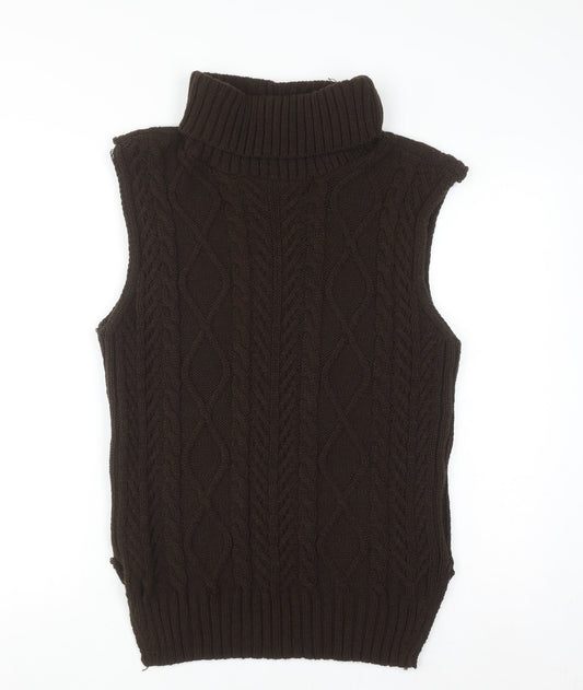 PRETTYLITTLETHING Womens Brown Roll Neck Cable-Knit Sleeveless Jumper Vest M