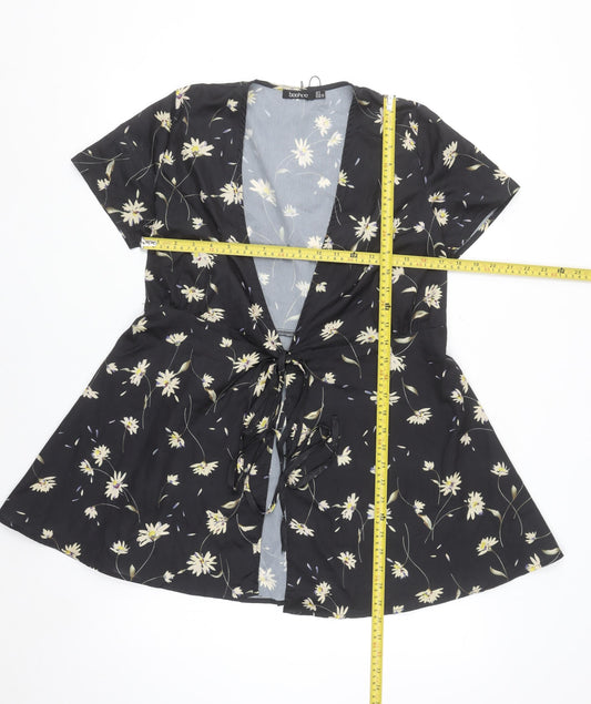 Boohoo Women’s Black Floral Wrap Tie Blouse Top Size 6 Short Sleeve