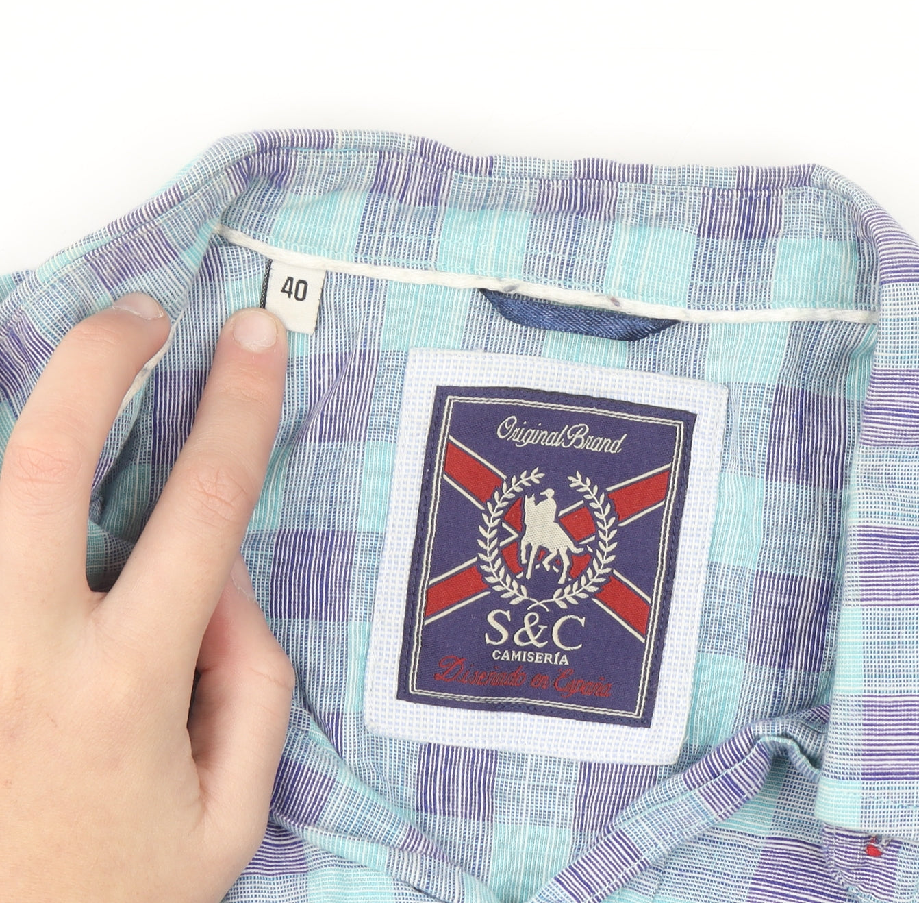 S & C Men's Blue Check Short Sleeve Button-Up Cotton Shirt Size 40