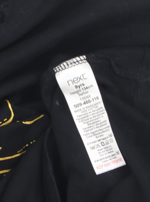 Brand and care label for Next boys’ black hoodie 9 years graphic football print cotton pullover