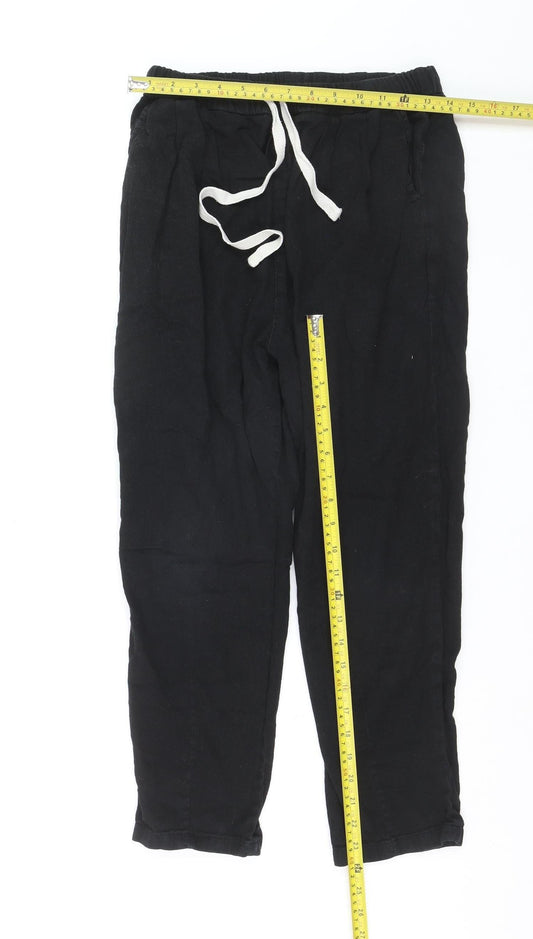 Zara Womens Black Linen Jogger Trousers XS Elastic Waist