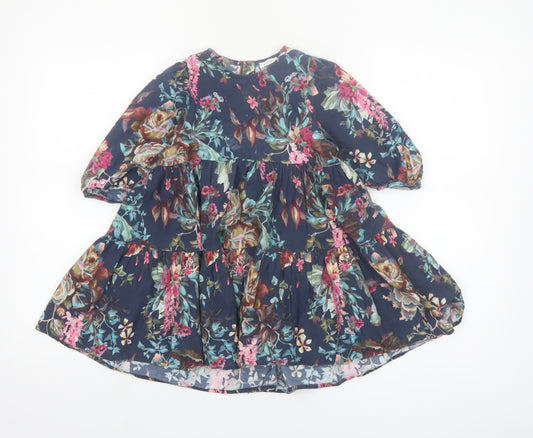 Next Girls Blue Floral Cotton A-Line Dress 4-5 Years 3/4 Sleeve
