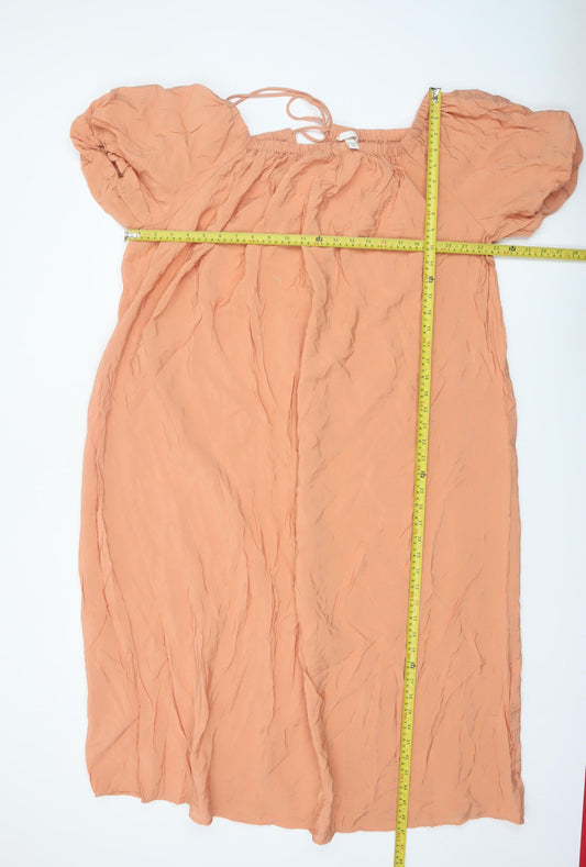 H&M Women Peach Puff Sleeve Midi Dress L Viscose Blend