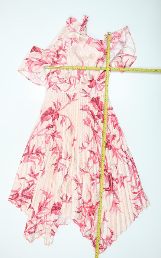 Lipsy Women Pink Floral Asymmetric Midi Dress Size 10