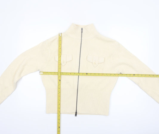Marks and Spencer Women's Ivory Full Zip High Neck Cotton Blend Jumper Size S