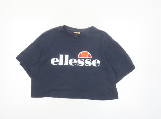 Ellesse Womens Blue Cropped T-Shirt UK 12 Classic Logo Cotton