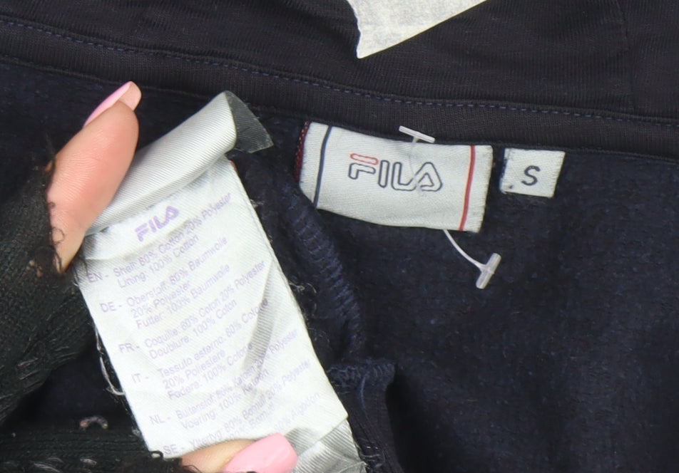 Brand and care label for Fila Men's Black Full Zip Hoodie S Logo Fleece Sweatshirt
