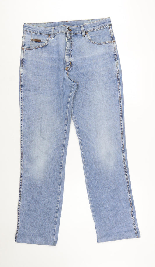 Wrangler Men’s Blue 36x34 Straight Fit Light Wash Stretch Denim Jeans